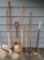 Tool lot, seven pieces, hoe, rake, shovel, tamper and fish spear