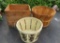 Two bushel baskets and wood crate