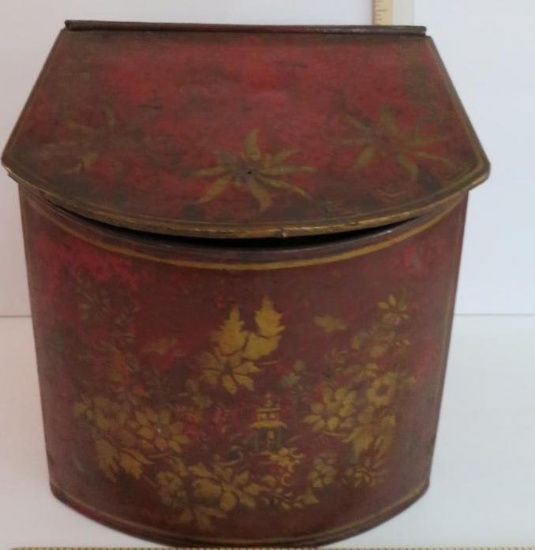 Metal decorated tea tin, lift top, 9" tall and 8" wide