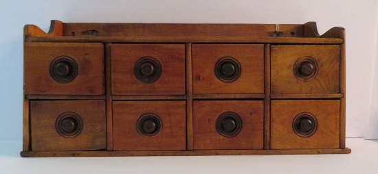 Eight drawer wall hung cabinet, sorter spice cabinet, 18" long, 5" deep and 9" tall