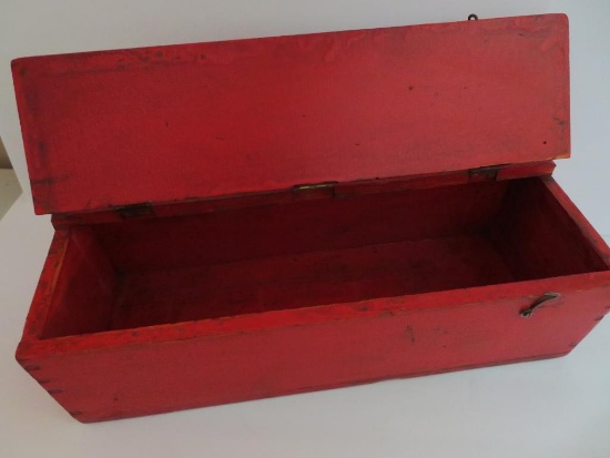 Red wooden box, 16" long, 6" x 5"