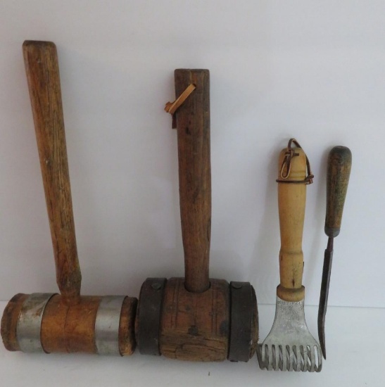 Two wooden mallets, masher and pick