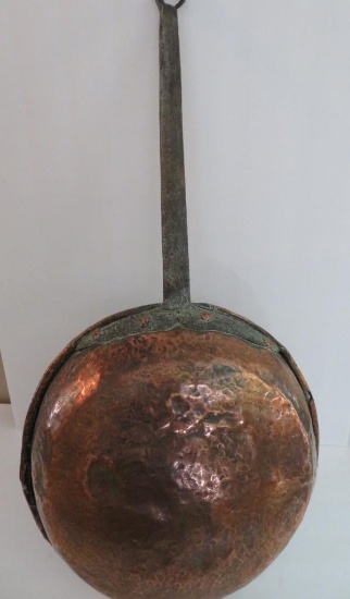 Early dovetailed copper handled pan, hammered, 25" long