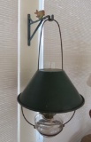 Metal shade hanging oil lamp, green shade, with bird hanger, 22