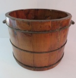 Wooden barrel, metal bands and handles, 13 1/2