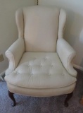 Queen Anne style small wing back chair, white damask type upholstery