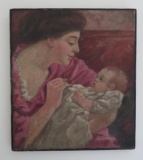 Early oil on canvas, woman and child, 14