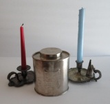 Smith & Hawken Tea tin and two silver plate candlesticks