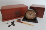Two lovely wood boxes, Decorative Howard Miller mini clock and 1800's charms