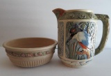 Two pieces attributed to Weller Zona art pottery, King Fisher pitcher and berry banded bowl