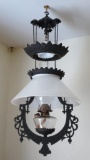 Cast iron hanging light fixture, oil lamp with smoke bell and milk glass shade