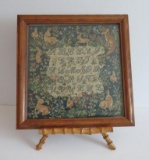 Framed alphabet tapestry and frame stand, 11 1/2