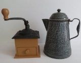 Grey enamel coffee pot and lap coffee grinder