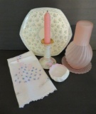 Pink glass and china lot, guest set, tray, dish and candle holder