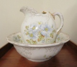 Warwick porcelain pitcher and bowl, blue and gold floral