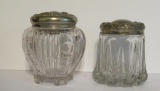 Two lovely glass vanity jars with ornate metal tops, 5 1/2