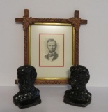 Cast metal Lincoln bookends and framed Lincoln print, 15