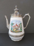 Ornate enamel and pewter coffee pot, castle scene, 11