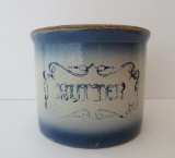 Blue and White stoneware butter crock, 5