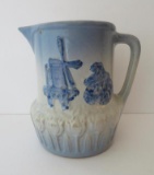 Blue and grey stoneware pitcher, windmill, 7