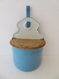Blue enamel salt box with wood top and enamel hook