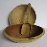 Two wooden bowls and wooden spoon, 12 1/2