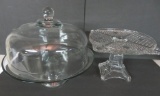 Pedestal cake stand, pattern glass and covered cake saver