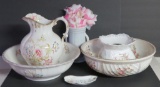 Ironstone lot, two transferware bowls, pitcher, spittoon and pottery vase