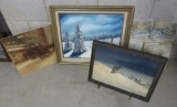Assorted art lot, oil paintings and vintage lone wolf print