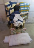 Craft chair, retro afghans, two rugs and rag doll
