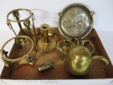 Seven pieces of brass and metal, candlesticks, teapot, and holders