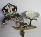 Bird decorative lot, feeder dishes, wood bird bell and candle