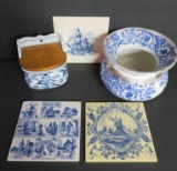 Three Holland and Delft tiles, Blue Danube salt box and Maddox ladies spittoon