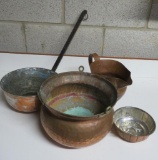 Four copper and copper clad pots, mold and pitcher