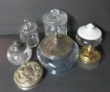 Six covered jar containers and extra metal vanity or humidor lid, 3