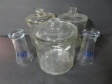 Three glass tobacco cigar jars and two Miller glasses, Tavern lot