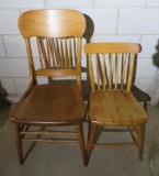 Two wooden chairs, solid wood seats, spindle back, 39