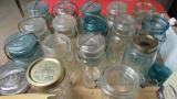 17 canning jars, clear and blue, zinc lids
