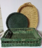 Three large wicker trays and baskets