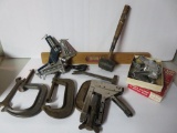 Assorted tool lot with clamps and wood level