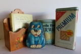 Vintage tins, Vintage Settlement cookbook and wooden recipe box