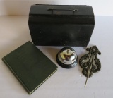 Vintage office lot, bell, receipt holder, writing book and storage box