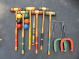 Vintage wooden croquet and metal horse shoe game