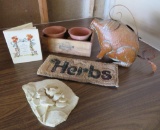 Decorative gardening lot, copper finish pig sprinkling can, herb planter box