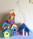 Two whimsical colorful bird houses, 7 1/2