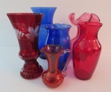 Six colored glass vases, ruby, cranberry and cobalt