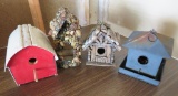 Four bird houses, wood , metal, and stone
