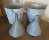 Two galvanized bucket pails and two metal large funnels