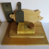 Vintage kitchen lot with wood cutting boards, Settlement cookbook Milwaukee and grater blades