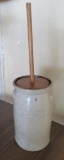 4 gallon stoneware churn with wooden lid and dowel, 16